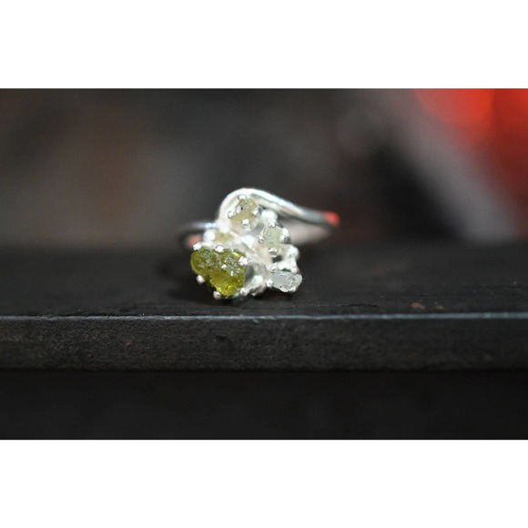 Raw Peridot and Diamond Engagement Ring, Raw Diamond Ring, Size 5 Engage… - Picture 5 of 9